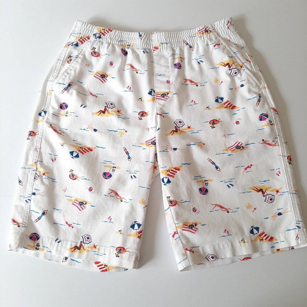 Vtg Lands End Beach Shorts Size 8P White Novelty Beach Swimmer Umbrella Print